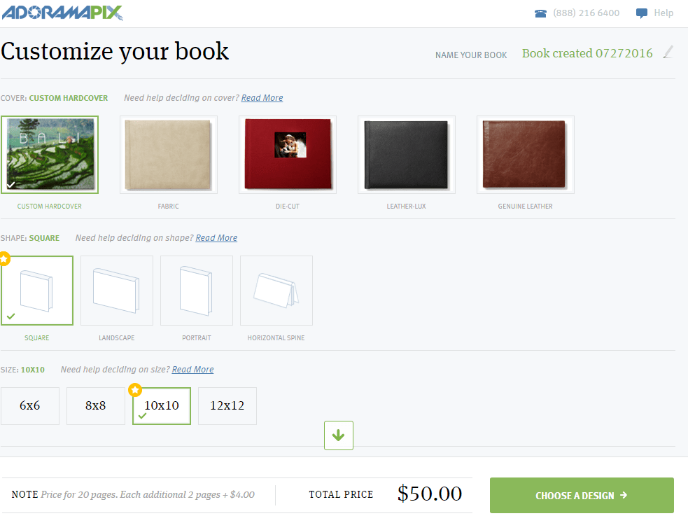 Book sizes, shapes and covers in AdoramaPix