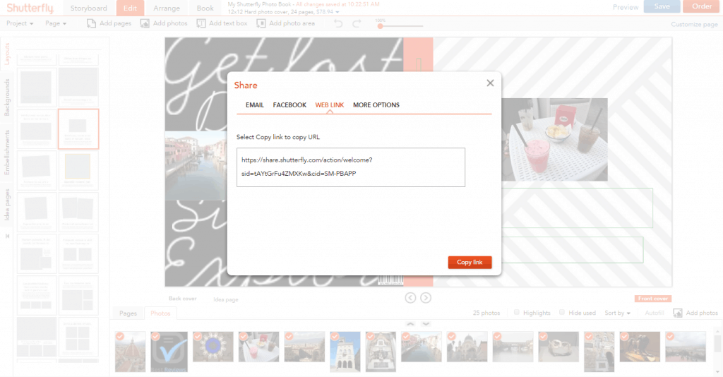 Sharing options in Shutterfly