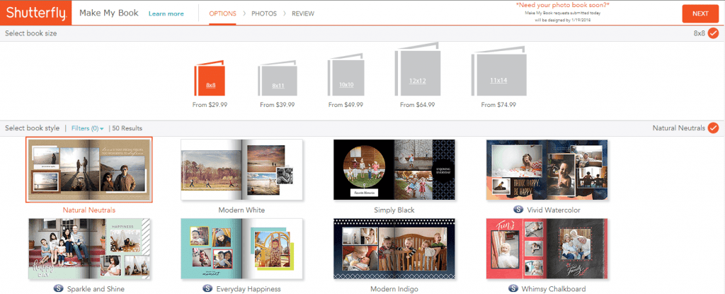 Selecting Size and Theme for a Shutterfly Make My Book